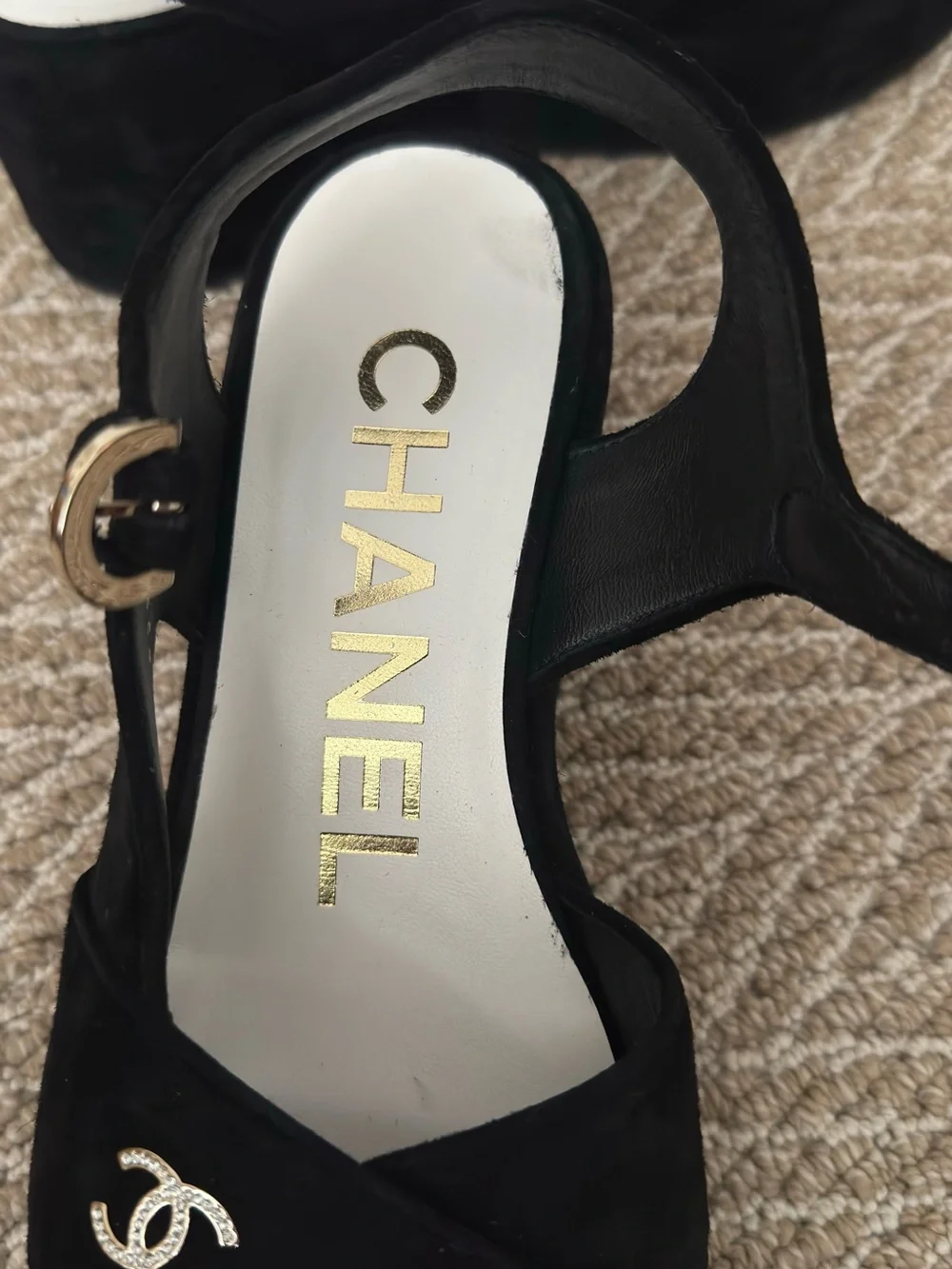 CHANEL Black Suede Slingback platform Sandals with rhinestone CC and Buckle